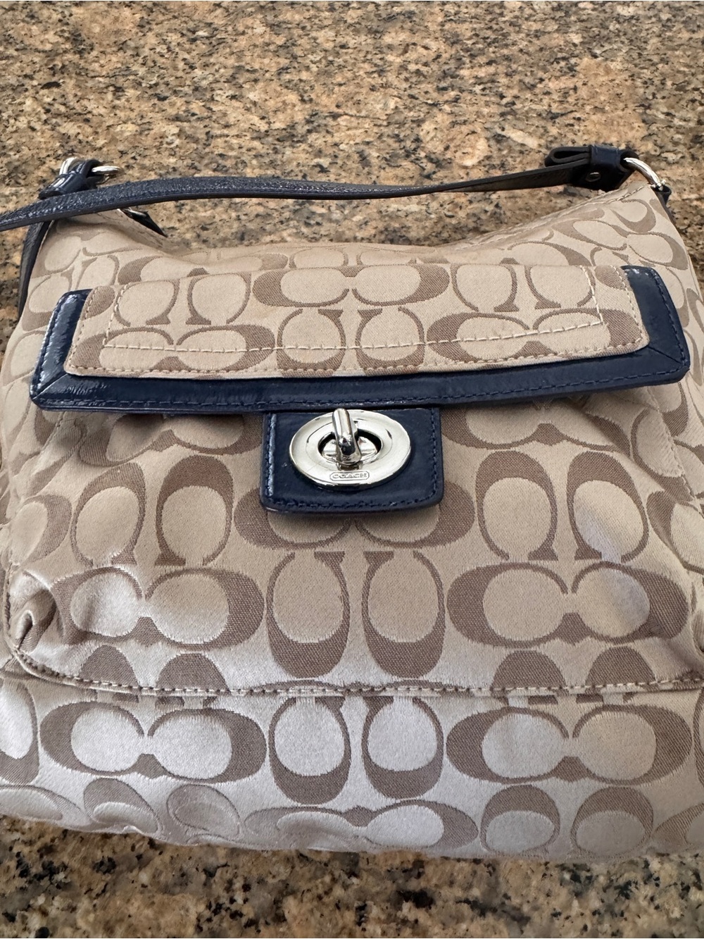 Coach F19232 Tan Signature Canvas Crossbody with Navy Trim - Picture 3 of 15